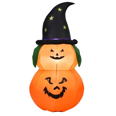 Tangkula Halloween Decoration 5FT Inflatable Witch Hat Pumpkin W/ LED Bulbs Blow Up Yard