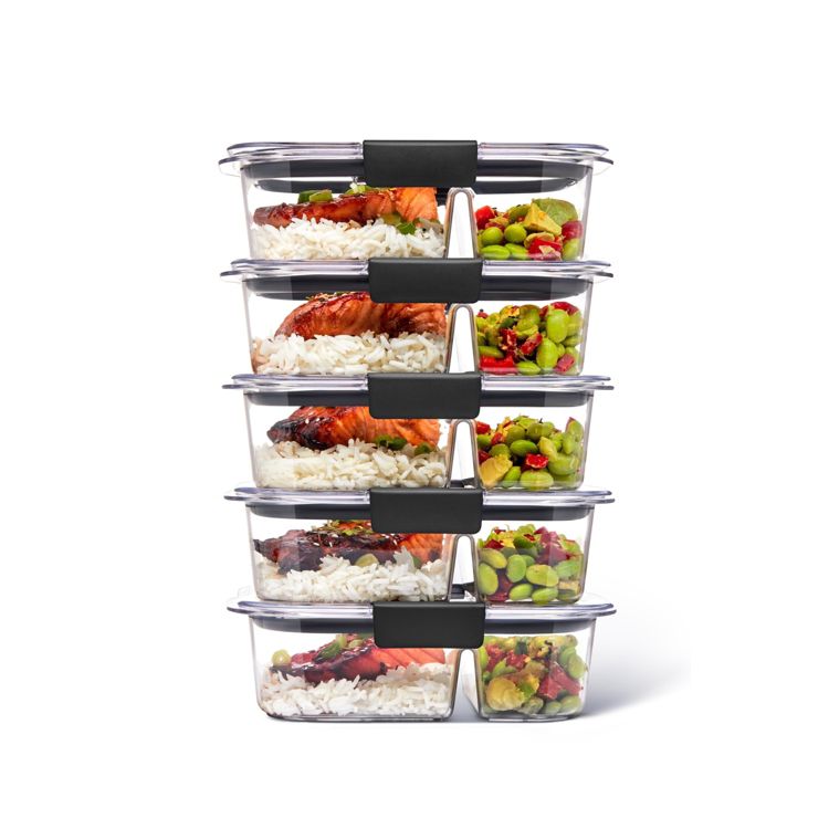 Five stacked clear containers with black lids, each filled with rice, salmon, and mixed vegetables.