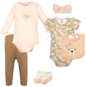 Hudson Baby Infant Girls Cotton Layette Set, Floral Brown Bear - 1 of 4