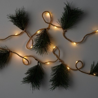 30ct LED Pine Sprig Dew Drop Battery Operated Lit Garland Warm White with Silver Wire - Wondershop™