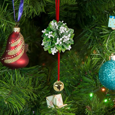 Artificial Green and White Mistletoe Ball Ornament with Bell