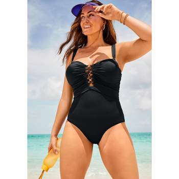 Swimsuits for All Women's Plus Size Shirred Bandeau Golden Ring One Piece