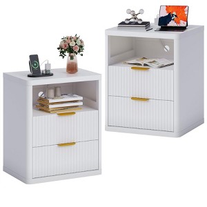 EcoSummer 2PCS White Fluted Nightstand with 2 Drawers Storage, Compact Side Table for Bedrooms, Small Spaces & Home Office - 1 of 4