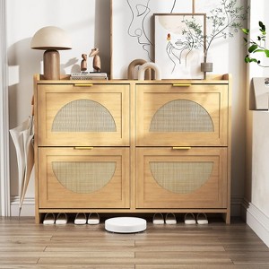 TackView Flip Drawers Wood Shoe Storage Cabinet with Rattan Doors & Adjustable Shelves,Natural Oak - 1 of 4