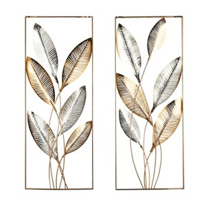 Set of 2 Metal Leaf Metallic Cutout Wall Decors with Silver Accent Gold - Olivia & May - 1 of 4
