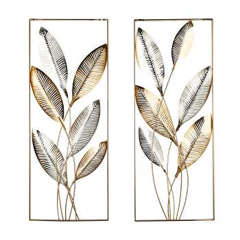 Set of 2 Metal Leaf Metallic Cutout Wall Decors with Silver Accent Gold - Olivia & May