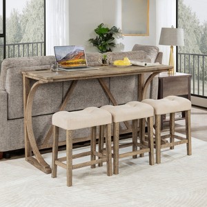 4 Piece Bar Table Set with Power Outlet, 59'' Breakfast Table with 3 Padded Stools,Counter Height Behind Couch Table Set for Living Dining Room - 1 of 4