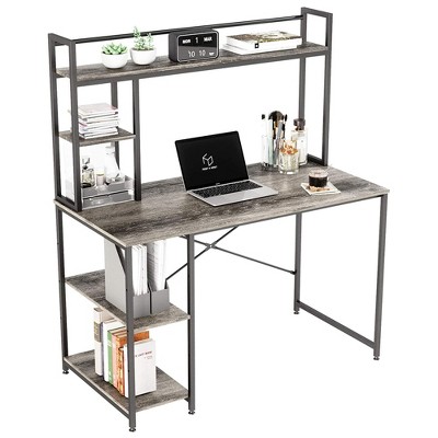 Bestier Computer Office Desk with Steel Frame, Reversible Book Shelves,  Headphone Hook, Adjustable Feet, & Under Desk Storage, Oak