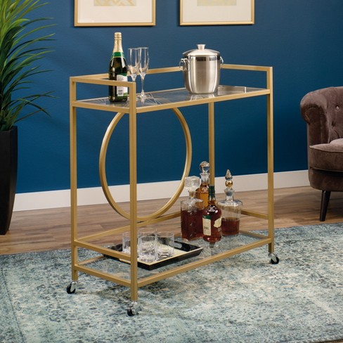 International Luxury Bar Cart Satin Gold Clear Glass Finish Sauder