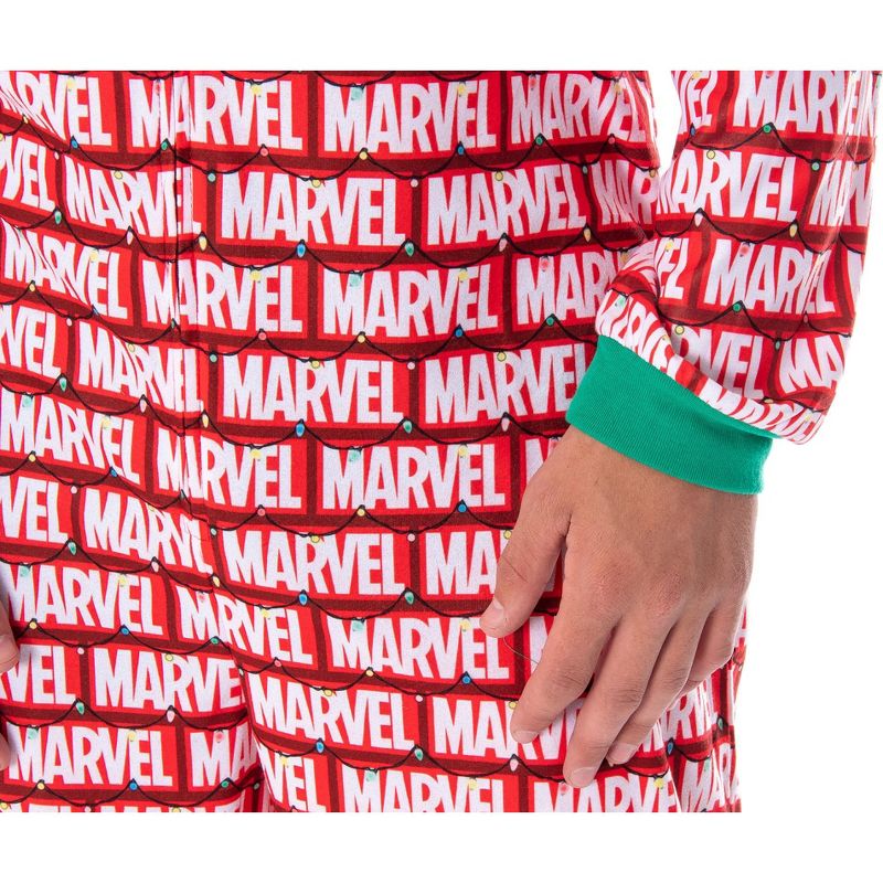 Marvel Logo Unionsuit with Christmas Lights Adult Onesie Pajamas Pjs Red, 3 of 5