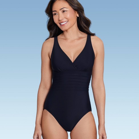 One piece bathing suit, wrinkle material. Adjustable on shoulders and back