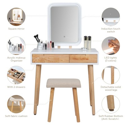 ELECWISH 24" White Vanity Desk Set with LED Mirror & Stool - Adjustable Lighting, 2 Drawers, USB Charging Station, Clear Desktop