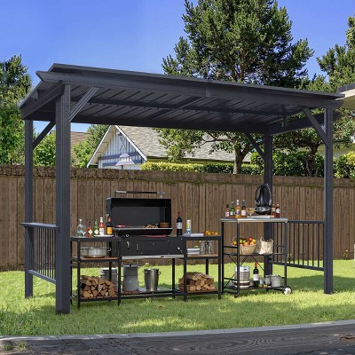6*12 FT Hardtop Grill Gazebo,Outdoor Metal BBQ Gazebo with 2 Side Shelves and Sloping Steel Roof,Metal Grill Canopy with Ceiling Hook-Coolbibila