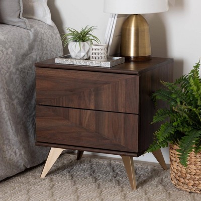 Graceland Walnut Brown 2-Drawer Nightstand with Gold Cone Legs