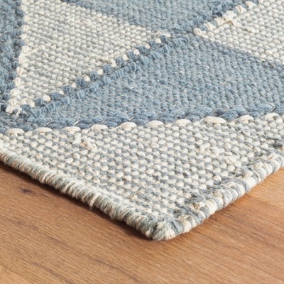 Blue and White Handwoven Cotton Wool Geometric Diamond Rug, 8' x 10'