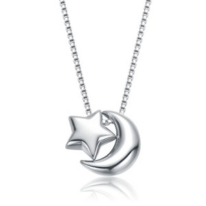 Guili Rhodium Pendant Necklace, Crescent Moon and Star Design, Celestial & Dreamy, Ideal for Everyday Elegance and Stargazing-Inspired Celebrations - 1 of 2