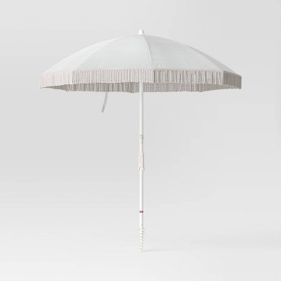 6.5&#39;x6.5&#39; Round Outdoor Patio Beach Umbrella with Fringe Ivory - Threshold&#8482;