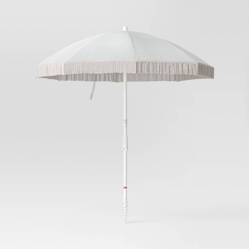 6.5&#39;x6.5&#39; Round Outdoor Patio Beach Umbrella with Fringe Ivory - Threshold&#8482;, 1 of 8