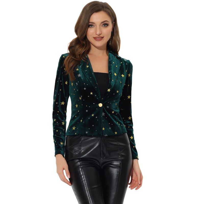 Allegra K Women's 1 Button Lapel Collar Business Office Crop Suit Velvet Blazer, 1 of 6
