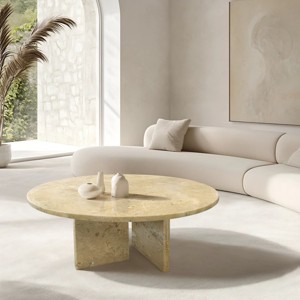 27.6" Natural Marble Coffee Table,Round Small Table with Unique Stone Veining,Genuine Marble Living Room Accent Table-Cuddlewood - 1 of 4
