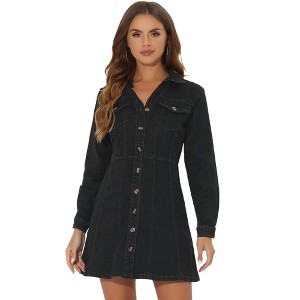 Allegra K Women's Button Down Collar V Neck Long Sleeve A-line Denim Dress - 1 of 4