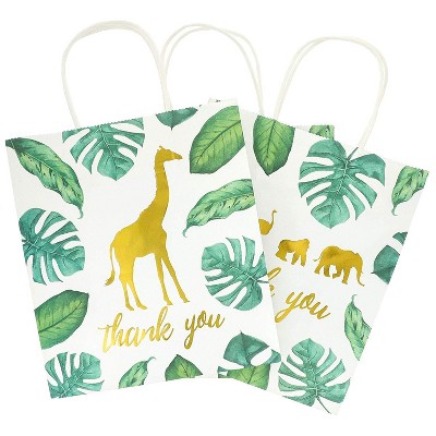 12-Pack Paper Gift Bags with Handles, Jungle Animal Safari Theme Thank You Party Favor Bags for Baby Shower, Birthday, Tissue Paper Included, 9 inches