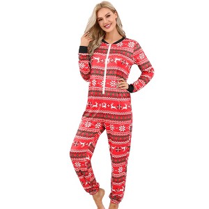 Family Matching Christmas Pajamas Front Zipper One Piece Pajamas wiht Pocket Holiday Pajamas Fleece-Lined Sleepwear Matching Jammies - 1 of 4