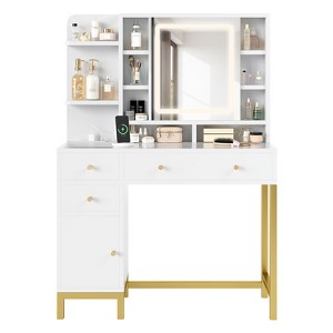GustoWave White Vanity Desk with Mirror and Lights, Makeup Desk Dressing Table with LED Lighted Mirror & Power Outlet,3 Lighting Color for Bedroom - 1 of 4