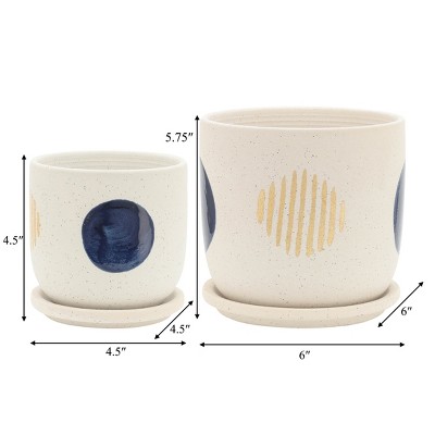 Set of 2 White Ceramic Funky Planter with Saucer 6" Contemporary Design