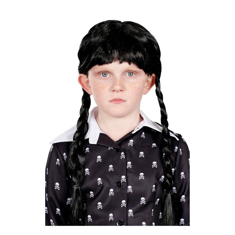 Angels Costumes Wednesday Inspired Gothic Girl Black Braided Black Child Costume Wig, 1 of 2