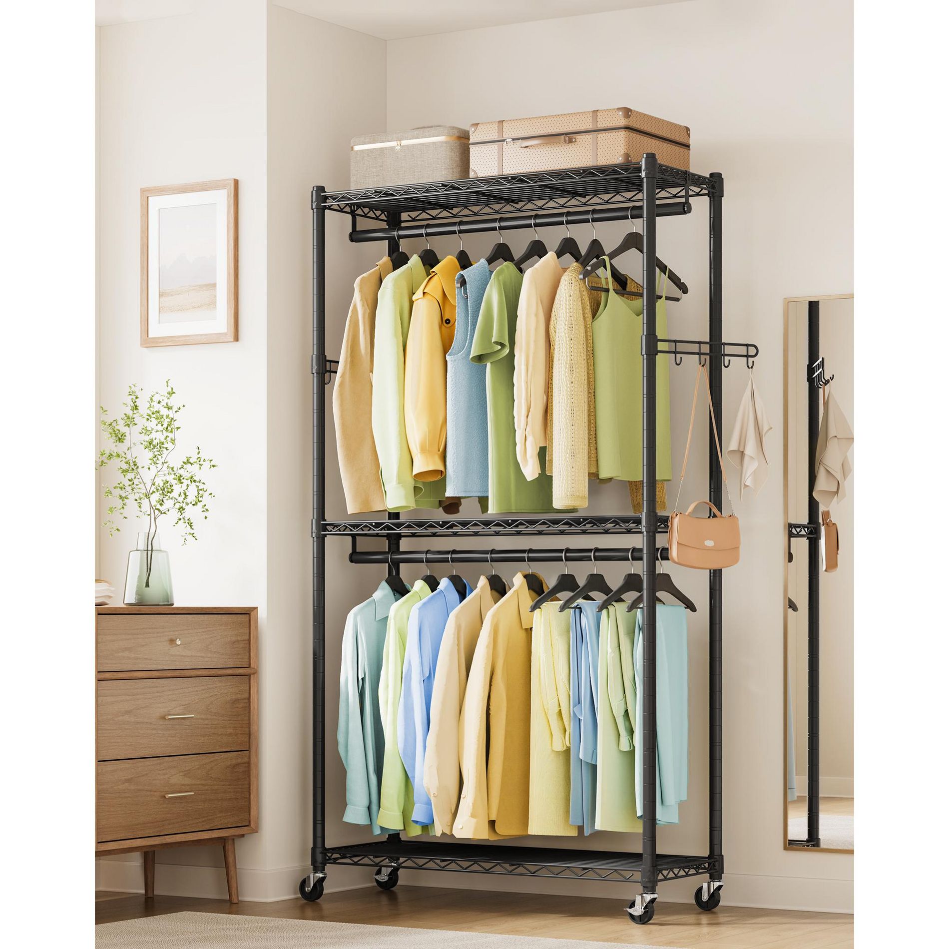 SONGMICS Garment Rack, Heavy-Duty Rolling Clothes Rack, Portable Closet Rack, 35.4-Inch Wide Clothing Rack on Wheels, Ink Black