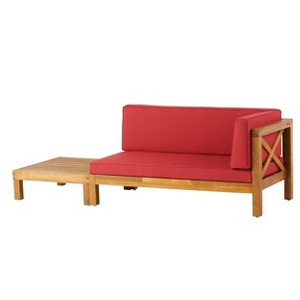 2pc Brava Outdoor Acacia Wood Right Arm Loveseat & Coffee Table with Cushion Teak/Red - Christopher Knight Home: Patio Chat Set - 1 of 4
