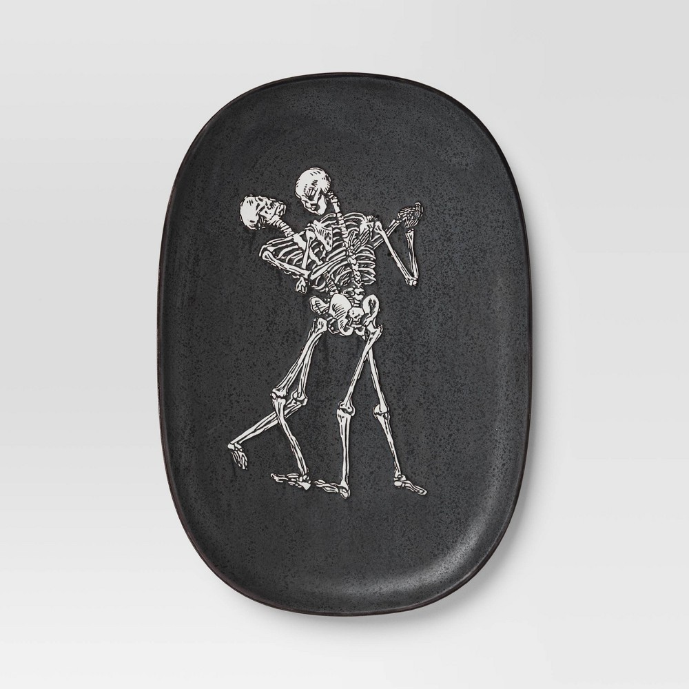 10.37"x15.12" Halloween Skeleton Stoneware Serving Platter Black - Threshold™: Oval Microwave & Dishwasher Safe