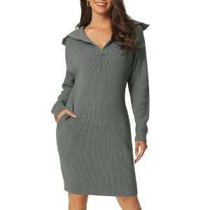 INSPIRE CHIC Women's Fall Winter Zipper V Neck Long Sleeve Slim Fit Casual Sweater Dress - 1 of 4