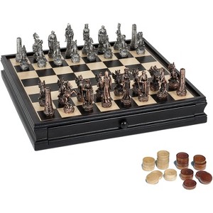 WE Games Fantasy Chess & Checkers Game Set - Pewter Chessmen & Black Stained Wood Board with Storage Drawers 15 in. - 1 of 4