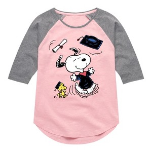 Girls' - Peanuts - Snoopy & Woodstock Graduate Celebration Shirt Tail Raglan Graphic T-shirt - 1 of 4