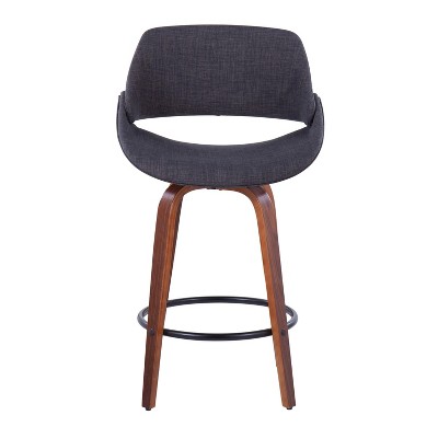 Charcoal Upholstered Walnut Wood Swivel Counter Stools with Black Metal Footrest, Set of 2