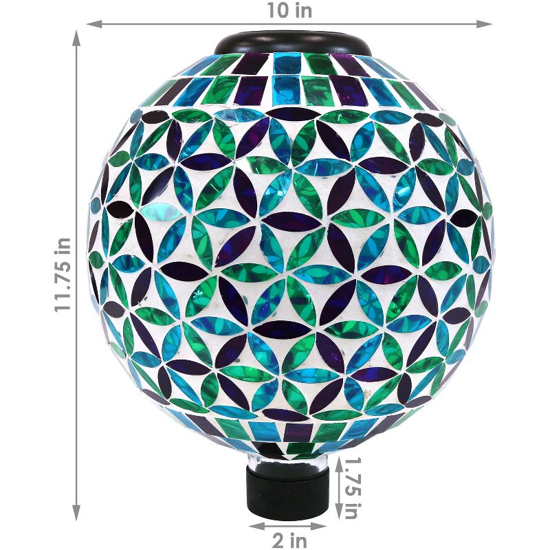 Sunnydaze Blue Cool Blooms Glass Mosaic Indoor/Outdoor Gazing Globe with Solar Light - 10" Diameter - Blue and Green, 3 of 10