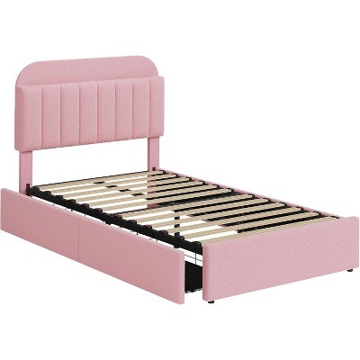 GAOMON Twin XL Bed Frame with Storage Headboard, Girls Bed Frame with 2 Drawers, Boucle Upholstered Platform Bed with Bookcase