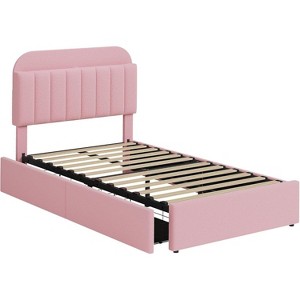 GAOMON Twin XL Bed Frame with Storage Headboard, Girls Bed Frame with 2 Drawers, Boucle Upholstered Platform Bed with Bookcase - 1 of 4