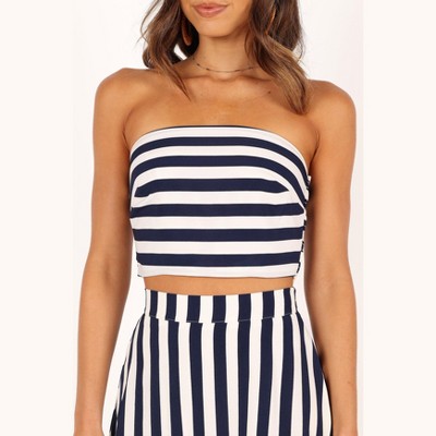Navy and White Striped Polyester Top and Skirt Set