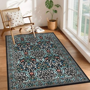 2x6 FT Modern Washable Area Rug, Floral Throw Carpet with Non Slip Backing, Low Pile Stain Resistant Floor Cover for Living Room, Beige - 1 of 4