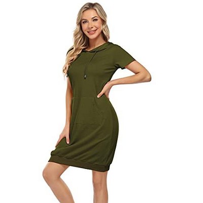 Women's Hooded Sweatshirt Dress Short Sleeve Ribbed Pullover Front Pocket Casual Mini Dress