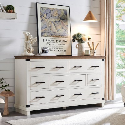 SinCiDo Farmhouse 7 Drawer Dresser, 54" Wide Wood Bedroom Furniture w/ Natural Texture & Metal Handles for Living Room, Hallway