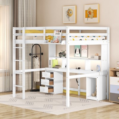 Full Size Loft Bed With Multi-function Storage Table, Led Lights ...