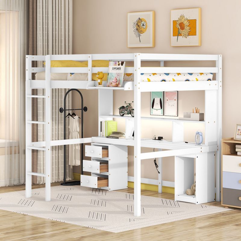 Loft Bed with Multi-Function Storage Table, LED Lights, Bedside Tray and Charging Station, White - ModernLuxe, 1 of 13