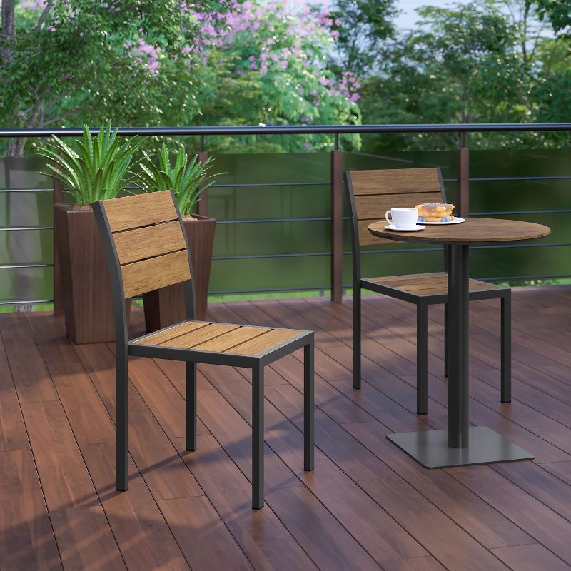 Flash Furniture Finch Commercial Grade Patio Chair with Arms, Stackable Side Chair with Faux Teak Poly Slats and Metal Frame, 6 of 13