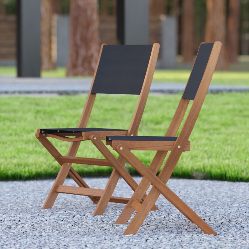 Emma and Oliver Set of Two Weather Resistant All Natural Acacia Wood Folding Bistro Chairs with Textilene Mesh Seats and Backs, 3 of 12