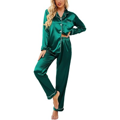 Ekouaer Women's Classic Button Down Long Satin Silk Pajama Set
