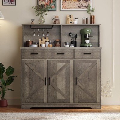 Homhougo Farmhouse Kitchen Sideboard Buffet with 3 Drawers and 3 Doors, Wood Wine Bar Coffee Bar Cabinet with Microwave Stand